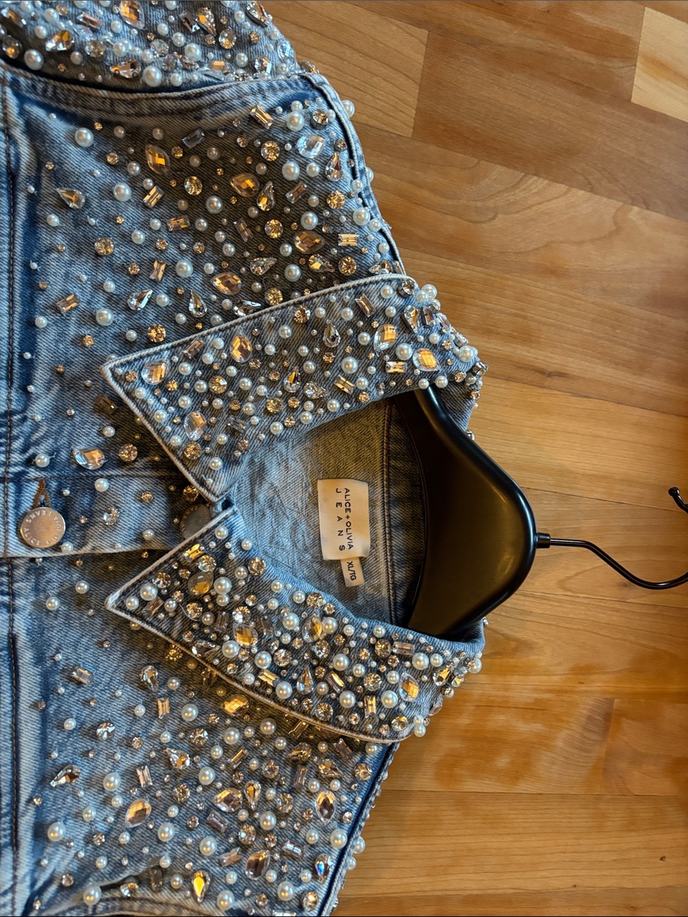 Alice + Olivia Light Blue Pearl-Embellished Denim Jacket - Picture 12 of 16